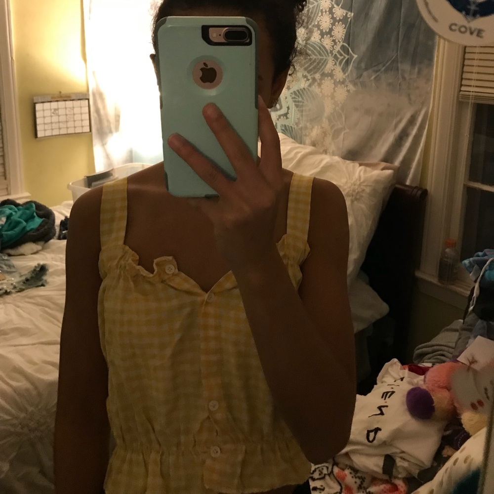 yellow gingham button up tank top